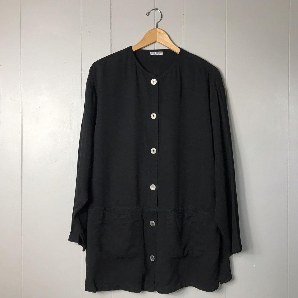 RUSS BERENS MALIBU BLACK BUTTON FRONT TUNIC FRONT POCKETS TENCEL WOMENS LARGE